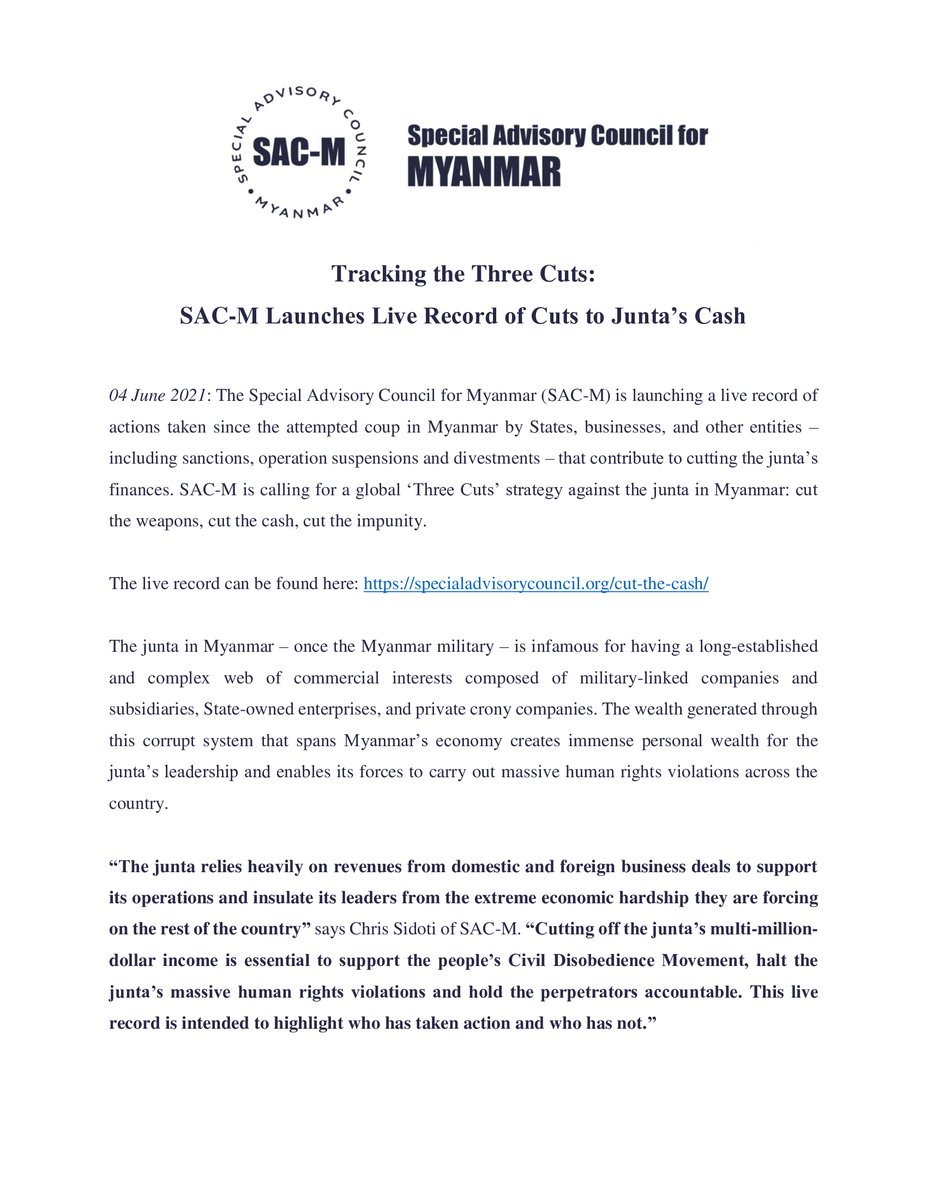 SpecialCouncil's tweet photo. SAC-M has launched a live record of cuts to the #Myanmar junta's cash: cutting off the cash is essential to support the #CDM, halt human rights violations and hold the junta accountable. SAC-M is calling for a global #ThreeCuts strategy against the junta https://t.co/ssVWhIJVp7 https://t.co/sWuIxeLjj3