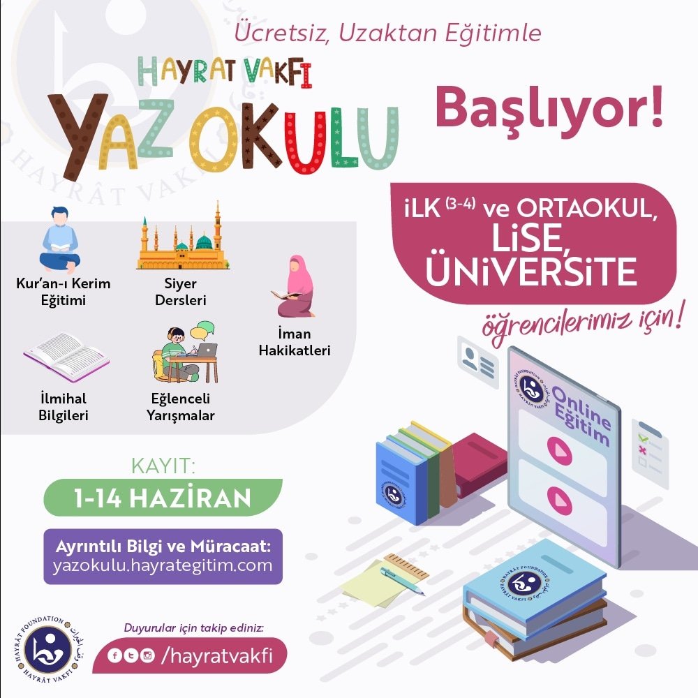 Hayrat Vakfı 2021 Uzaktan Yaz Okulları kayıtları başladı!

▶️ Bilgi ve kayıt için:
yazokulu.hayrategitim.com