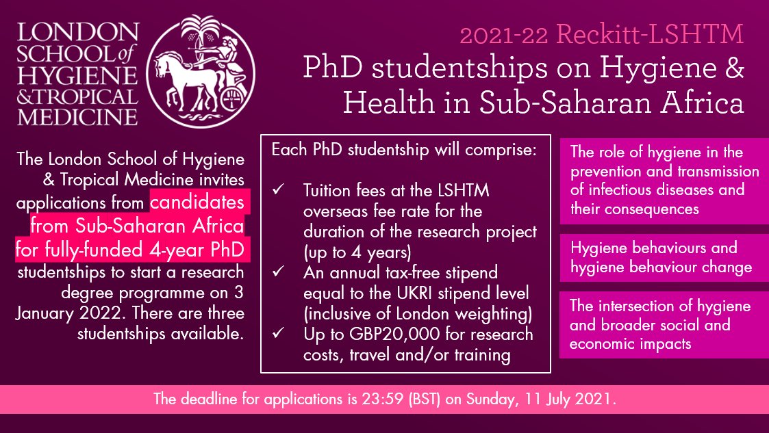 .<a href="/LSHTM/">London School of Hygiene & Tropical Medicine</a> invites applications from candidates from Sub-Saharan Africa for fully-funded 4-year PhD studentships to start on 3 January 2022. Info: bit.ly/LSHTM22