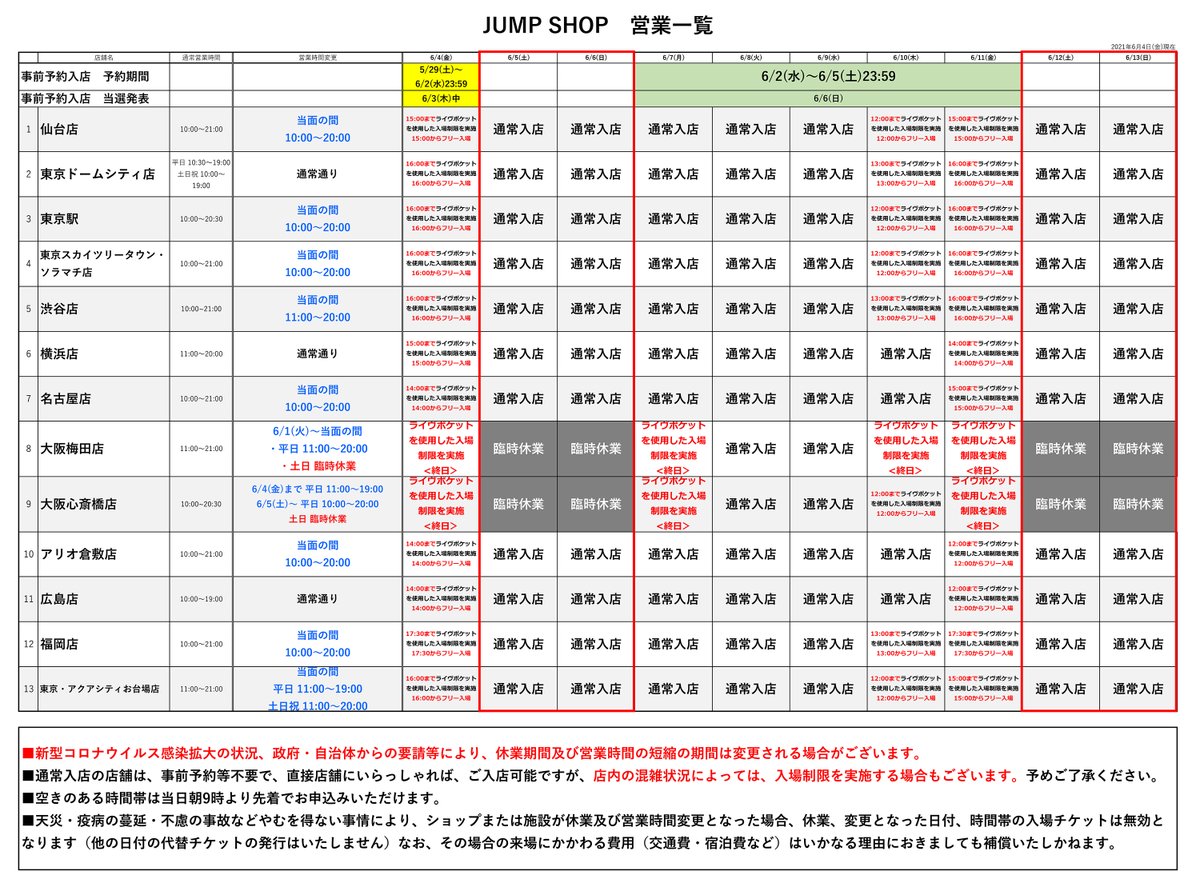 ジャンプショップ Jump Shop 公式 事前予約 抽選 による入場制限のお知らせ 6 4現在 新型コロナウイルス感染拡大防止及び お客様集中による混雑回避 列形成の最小化のため 安全対策として事前予約申込 抽選 による時間帯ごとの入場制限を画像の通り