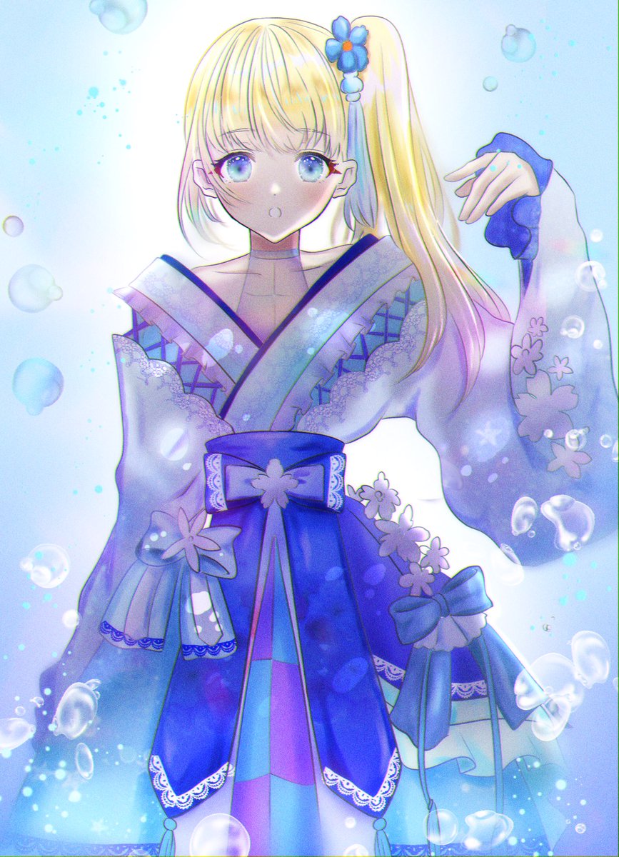 1girl blonde hair solo japanese clothes blue eyes kimono side ponytail  illustration images