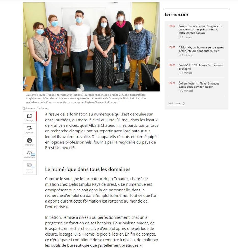 DEFIS_Emploi's tweet photo. #DigitalEmploi dans @LeTelegramme : Retour en image sur la formation qui vient de se terminer chez #FranceServices à Châteaulin. Lever les freins au numérique pour faciliter le retour à l'#emploi! La prochaine session démarre à Brest le 07/06. #inclusion https://t.co/jPTK8yFyX2 https://t.co/Klswbyw5Qi