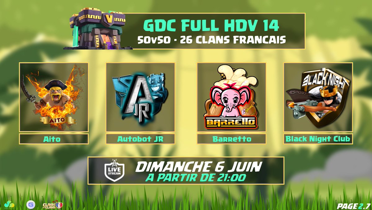 gouloulou_coc's tweet photo. 📢 J'annonce le plus Grand Rassemblement de Clans Fr de 2021  🇫🇷

🛡️ 26 Clans ⚔️100 joueurs🌴Full HDV14
🎙️ Live 6 Juin dès 21h !
Un live à ne pas rater 🇫🇷

Découvre les 26 clans via :

- Les affiches, thx @Huginn_games 
- Article Forum thx Wham: https://t.co/AE07wXTIJw

Page 1/2 https://t.co/sKSamurrNH