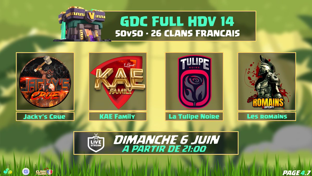 📢 J'annonce le plus Grand Rassemblement de Clans Fr de 2021  🇫🇷

🛡️ 26 Clans ⚔️100 joueurs🌴Full HDV14
🎙️ Live 6 Juin dès 21h !
Un live à ne pas rater 🇫🇷

Découvre les 26 clans via :

- Les affiches, thx @Huginn_games 
- Article Forum thx Wham: cutt.ly/Hnx5zAr

Page 1/2