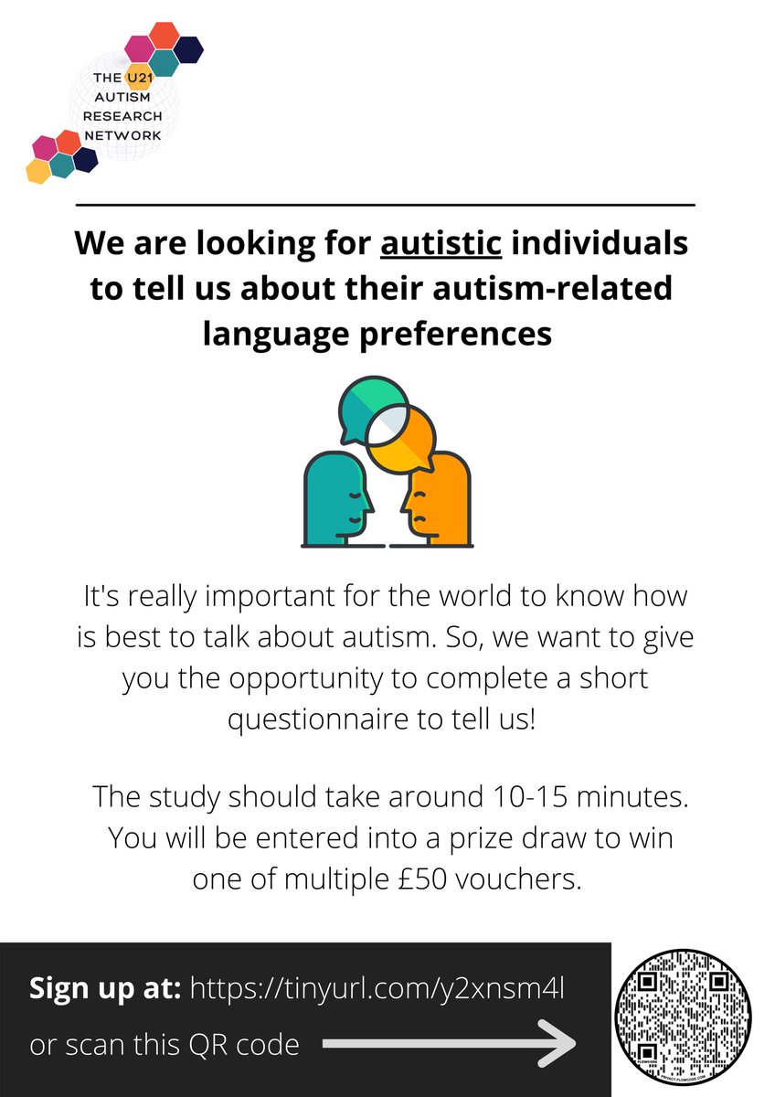 AutismU21's tweet photo. #AskingAutistics If you're an autistic person anywhere in the world, tell us about your autism-related language preferences by completing this 10min survey: https://t.co/b1xPyqE997. You'll be entered into a prize draw to win 1 of many vouchers (worth £50 in your local currency)! https://t.co/VIJHfAJZej