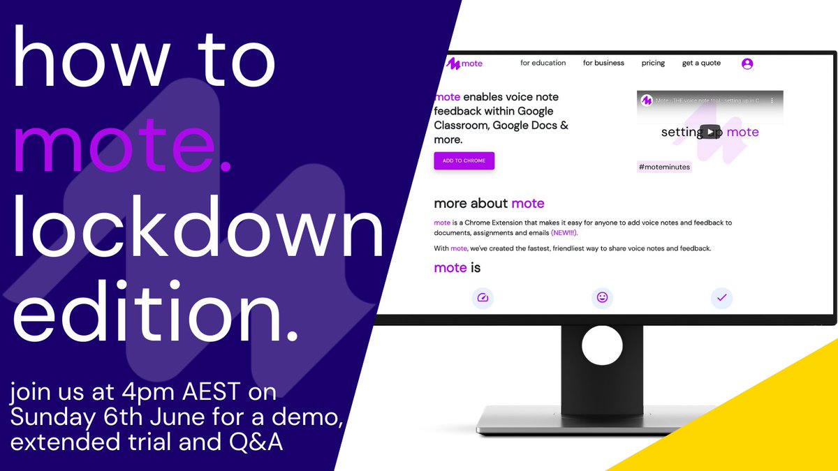 Another lockdown? 🙁 Join <a href="/misskyritsis/">Eleni Kyritsis</a> &amp; <a href="/JNealeUK/">Jon Neale</a> as they take new and experienced users through a tour of all things Mote. 

An open invitation to all of our #aussieed friends! 🇦🇺

Mark your calendars for Sunday at 4pm AEST - we'll be live on YouTube - youtube.com/watch?v=6y7Ykm…