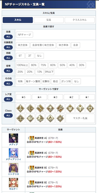 Fgo攻略班 Appmedia スキル効果別一覧記事にフィルタ機能が追加されました 指定したチャージ量のnpチャージ持ち を探したり 特定クラスの無敵貫通持ちを絞り込んだりできます かなり色々出来るようになっているので周回や高難易度で特定の効果を探す際に