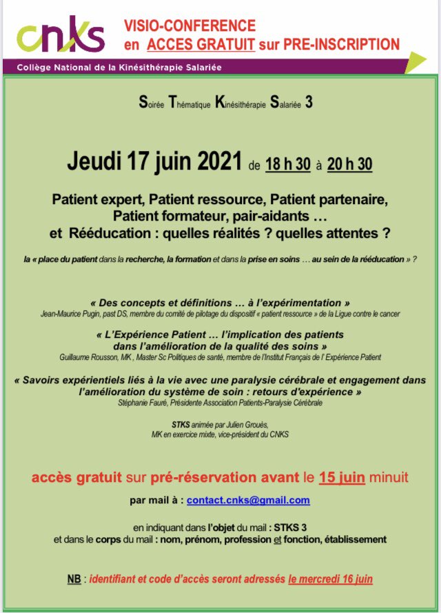 ▶️ #kinesitherapeutes #salaries #patientexpert #patientressource #patientpartenaire 
... & #reeducation 

Visio-conférence : 2ème annonce ... 
⚠️ encore une 20aine de places 🏃🏾‍♂️🏃🏾‍♀️