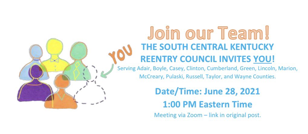 Mark those calendars now! We can’t wait for you to join us! #KentuckyReentry

Topic: South Central Kentucky Reentry Council
Time: Jun 28, 2021 01:00 PM Eastern Time
 
Join Zoom Meeting
zoom.us/j/92410850474?…
 
Meeting ID: 924 1085 0474
Passcode: SCKY2021