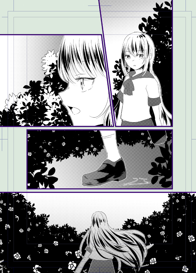 ブラシ素材作ったし説明用の絵でも描くか～～～って適当にコマ割って適当に人物描いたら案の定いつもの自分の手癖のレイアウトになってたわね。困るとすぐこれをします。 