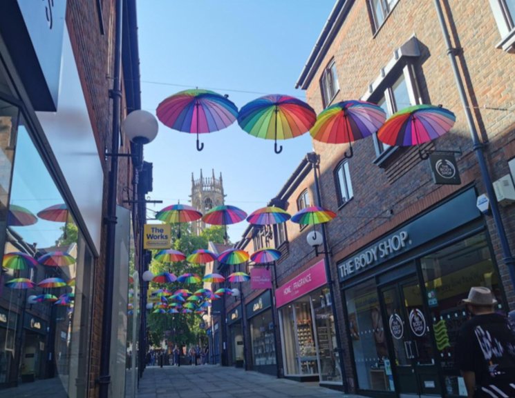 ColletteR's tweet image. York Coppergate brollywalk is looking gorgeous... all ready for #YorkPride ... ❤❤🌈⭐☂️☂️ #York