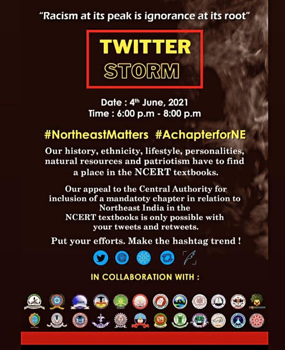 JoramTara1's tweet photo. The history of Northeastern states should be added as a mandatory chapter in NCERT and all the regionally circulated text-books of India. For this will ultimately contribute towards the end of Racial dicrimination.
@MinistryofEd 
#AchapterforNE
#NortheastMatters https://t.co/Yt20BkB5bR