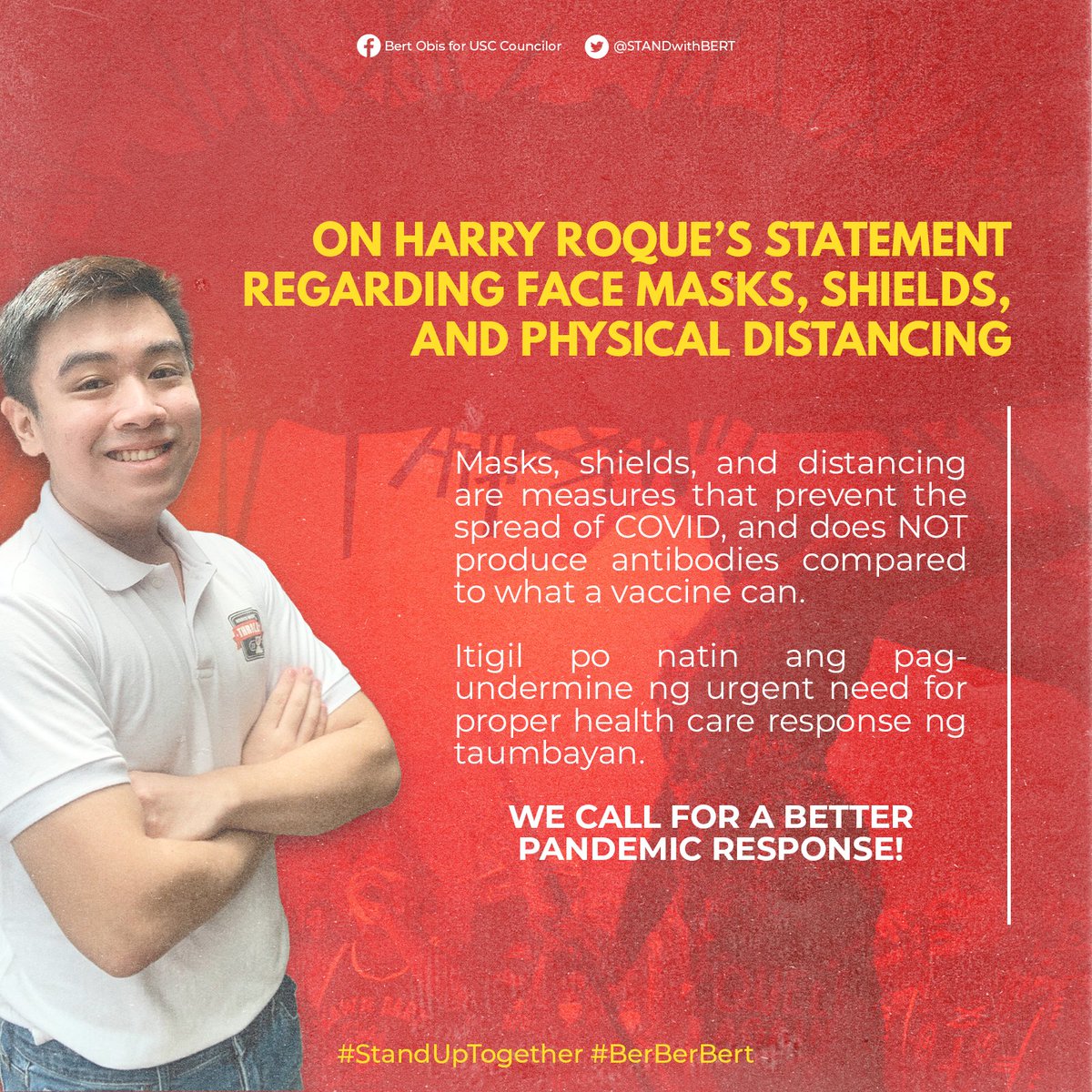 STANDwithBert's tweet photo. PAHAYAG HINGGIL SA MALING IMPORMASYONG ISINAAD NI HARRY ROQUE

#StandUpTogether para sa siyentipiko at makamasang tugon sa kasalukuyang krisis pangkalusugan! 

Basahin ang buong pahayag dito: https://t.co/Gr6Jb8bAcl

#SolusyongMedikalHindiMilitar
#MassTestingNow
#OustDuterte https://t.co/1n8Dih9RBt
