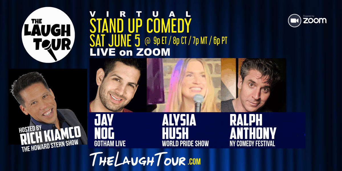 TheLaughTour's tweet photo. June 5 LIVE comedy on ZOOM 9p ET/ 6p PT w @RalphTheMouth81 @JayNog @AlysiaHush @RichKiamco @TheLaughTour #comedyonzoom #zoomcomedy #virtualstandup https://t.co/kY9Ni5SbW1 https://t.co/IJX5pSZDza