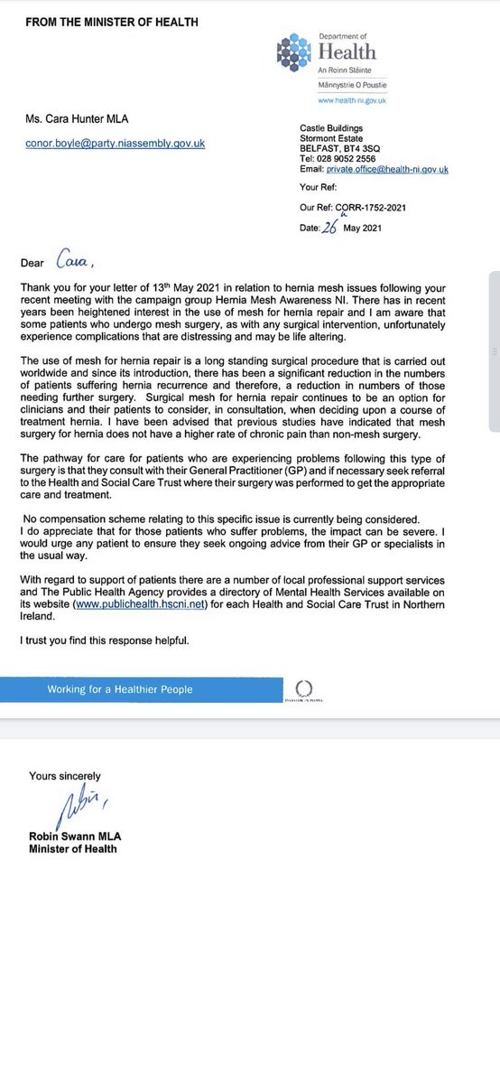 herniameshni's tweet photo. @PaulaJaneB @CaraHunterMLA @RobinSwannMoH @Aideen_Reporter @MeshCampaign disgusted with this reply from our MOH he isn't living in the real world with a reply like that, #banallmesh https://t.co/7WSxgw2MVy