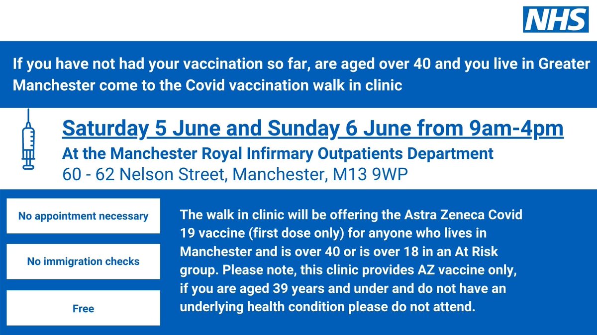 MFTnhs's tweet photo. 🚶🏿‍♀️🚶 WALK IN #COVID19Vaccine 1st dose clinics for *𝗲𝗹𝗶𝗴𝗶𝗯𝗹𝗲 𝗺𝗲𝗺𝗯𝗲𝗿𝘀 𝗼𝗳 𝘁𝗵𝗲 𝗽𝘂𝗯𝗹𝗶𝗰* – see poster for details. 

⏲️ 𝗧𝗢𝗗𝗔𝗬 9.00am-4.00pm 🗺️@MFT_MRI Outpatients Department, 60-62 Nelson Street, Manchester, M13 9WP  💉 https://t.co/N1t24Sz7kF