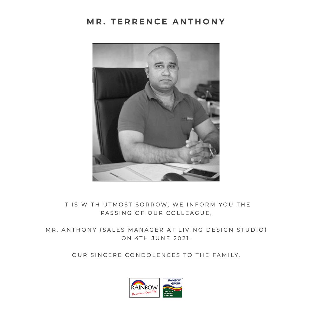 rainbowmv's tweet photo. It is with utmost sorrow, we inform you the passing of our Colleague, Mr. Anthony (Sales Manager at Living Design Studio) on 4th June 2021.
Our sincere condolences to the family. https://t.co/uZS6sanbdW