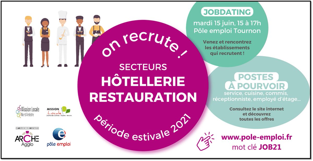 Marjorie_Veyrat's tweet photo. #TousMobilises 
📢 De nombreux postes à pourvoir dans l'hôtellerie et la restauration, venez rencontrer les entreprises qui recrutent
📎 apportez votre CV

📍 Pole emploi Tournon

📅 Le 15 juin de 15h à 17h

Entrée libre https://t.co/amP675XXlx