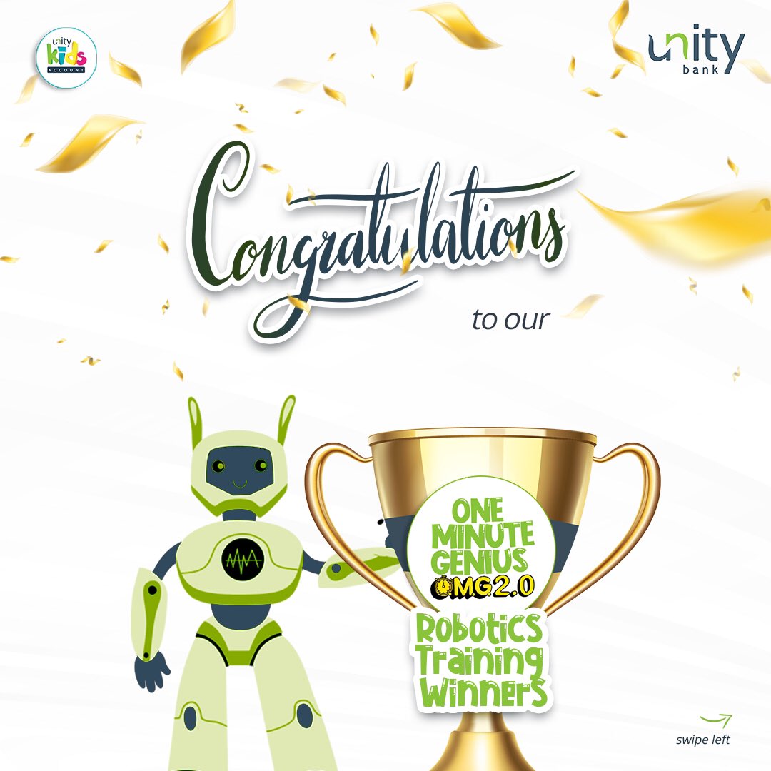 UnityBankPlc's tweet photo. Big congratulations to all 5 of our top performing geniuses who will be going to Robotics Training Camp. 👏🏾🙌🏾
 
#OneMinuteGenius #UnityKids #SucceedingTogether https://t.co/ECOuGDA942