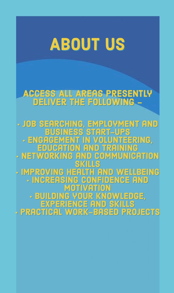AccessAllArea12's tweet photo. Access All Areas have careers professionals, councillors, mentors and educationalists. We support clients by reaching their highest potential by offering welfare advice, social skills, mentoring, careers advice, improving personal development and by providing counselling. https://t.co/8jNGP6xGB7