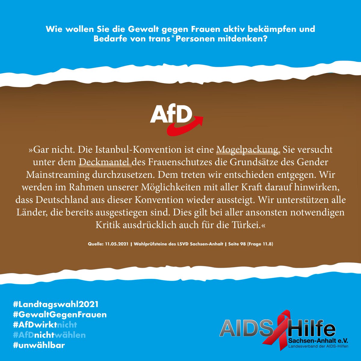 AidsHilfe_ST's tweet photo. Langsam verstehen wir, was ihr mit dem Spruch "Deutschland. Wie Früher" meint. Frauen hinter dem Herd und Freiwild für Gewalt. 🤦🏼‍♀️ Welche Länder meint ihr eigentlich noch? Nur die Türkei ist wieder ausgetreten. Es mangelt der AfD mal wieder an Bildung. 

#Landtagswahl2021 https://t.co/a8Jt25XJvP