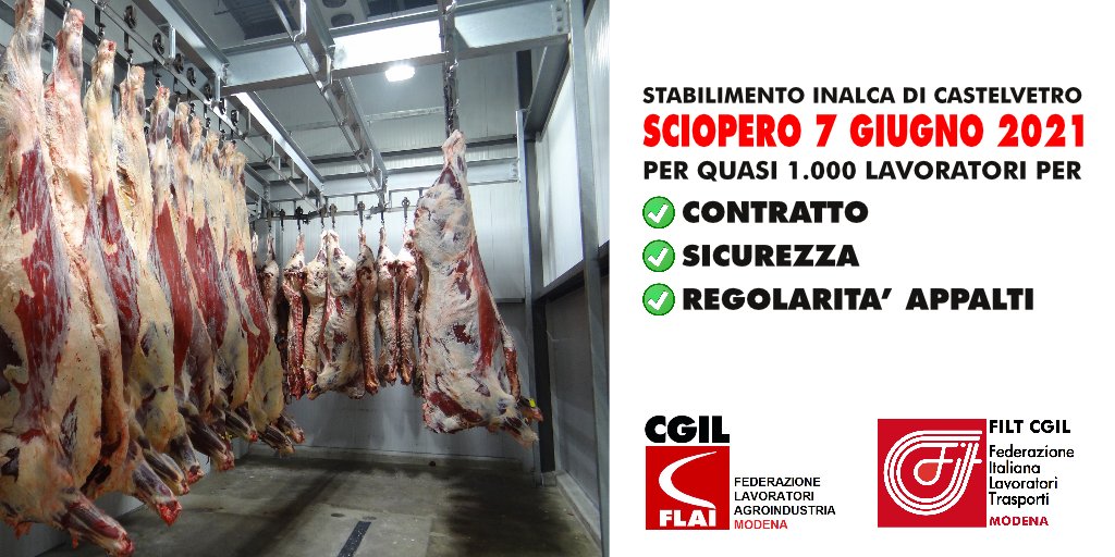 🟥 #7giugno #sciopero #Inalca
I motivi che hanno spinto i delegati, con Flai-Cgil Modena e FILT CGIL Modena, a proclamarlo con presidio davanti ai cancelli dalle 9 alle 13
Leggi tutto 👉 bit.ly/3fVPyYN

<a href="/FlaiCgilModena/">Flai-Cgil Modena</a> <a href="/meittlos/">Adriano Montorsi</a> <a href="/er_flai/">FLAI CGIL ER</a> <a href="/Filt_ER/">FILT CGIL E-R</a> <a href="/flaicgil/">Flai Cgil nazionale</a> <a href="/FiltCgil/">Filt Cgil Nazionale</a>