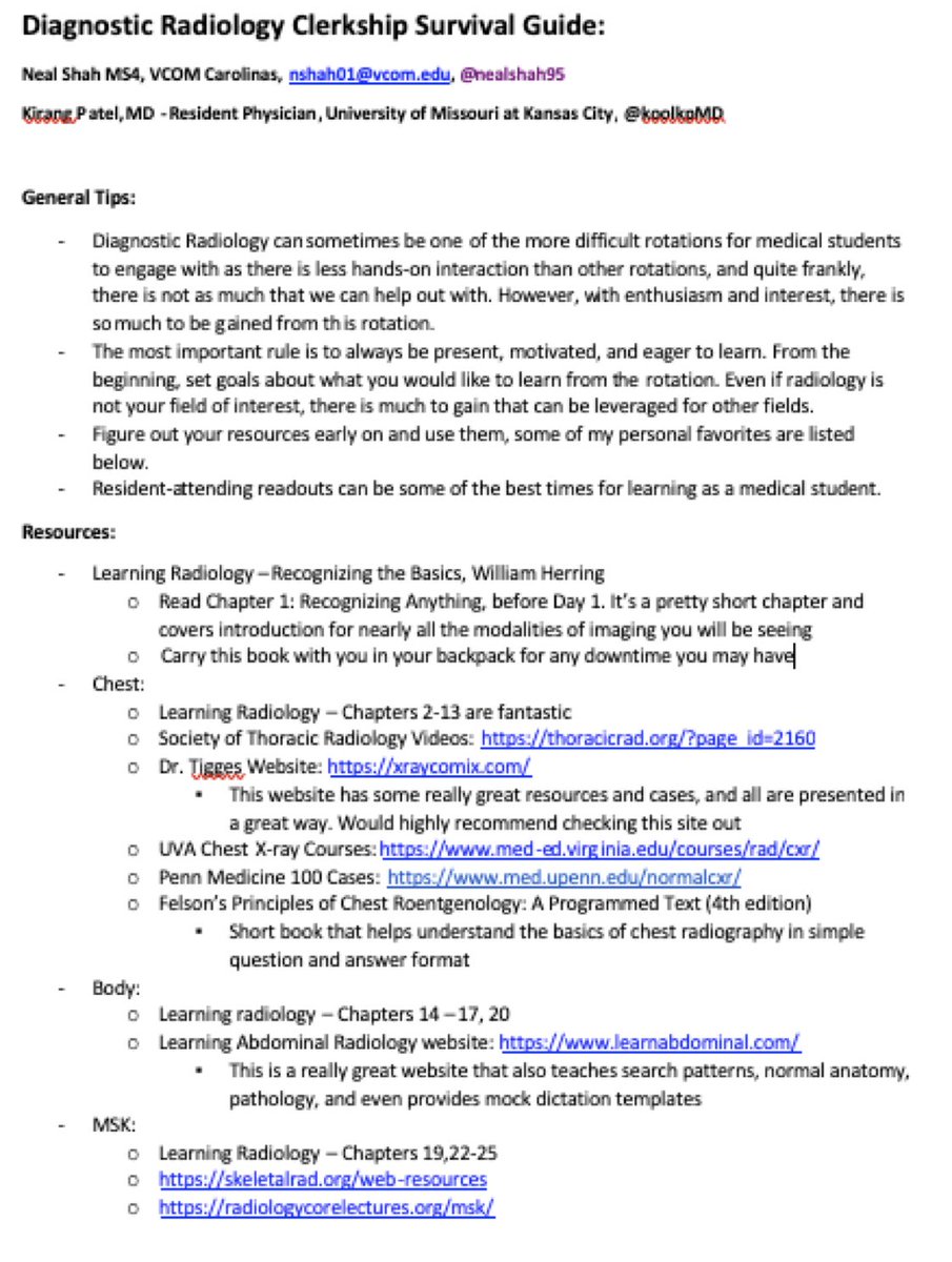 Neal Shah, DO (@neal_shah17) on Twitter photo As aways start back up sharing this diagnostic radiology survival guide once more! & If anyone would like to add to it please message me!
docs.google.com/document/d/19Eā¦
Also check out the <a href="/SIRRFS/">SIR RFS</a> website for IR away resources.
<a href="/RadiologyACR/">American College of Radiology</a> <a href="/futureradres/">Future Radiology Residents</a> <a href="/RadiologySIG/">Radiology Student Interest Group</a> <a href="/koolkpMD/">Kirang Patel, MD</a> As aways start back up sharing this diagnostic radiology survival guide once more! & If anyone would like to add to it please message me!
docs.google.com/document/d/19Eā¦
Also check out the <a href="/SIRRFS/">SIR RFS</a> website for IR away resources.
<a href="/RadiologyACR/">American College of Radiology</a> <a href="/futureradres/">Future Radiology Residents</a> <a href="/RadiologySIG/">Radiology Student Interest Group</a> <a href="/koolkpMD/">Kirang Patel, MD</a>