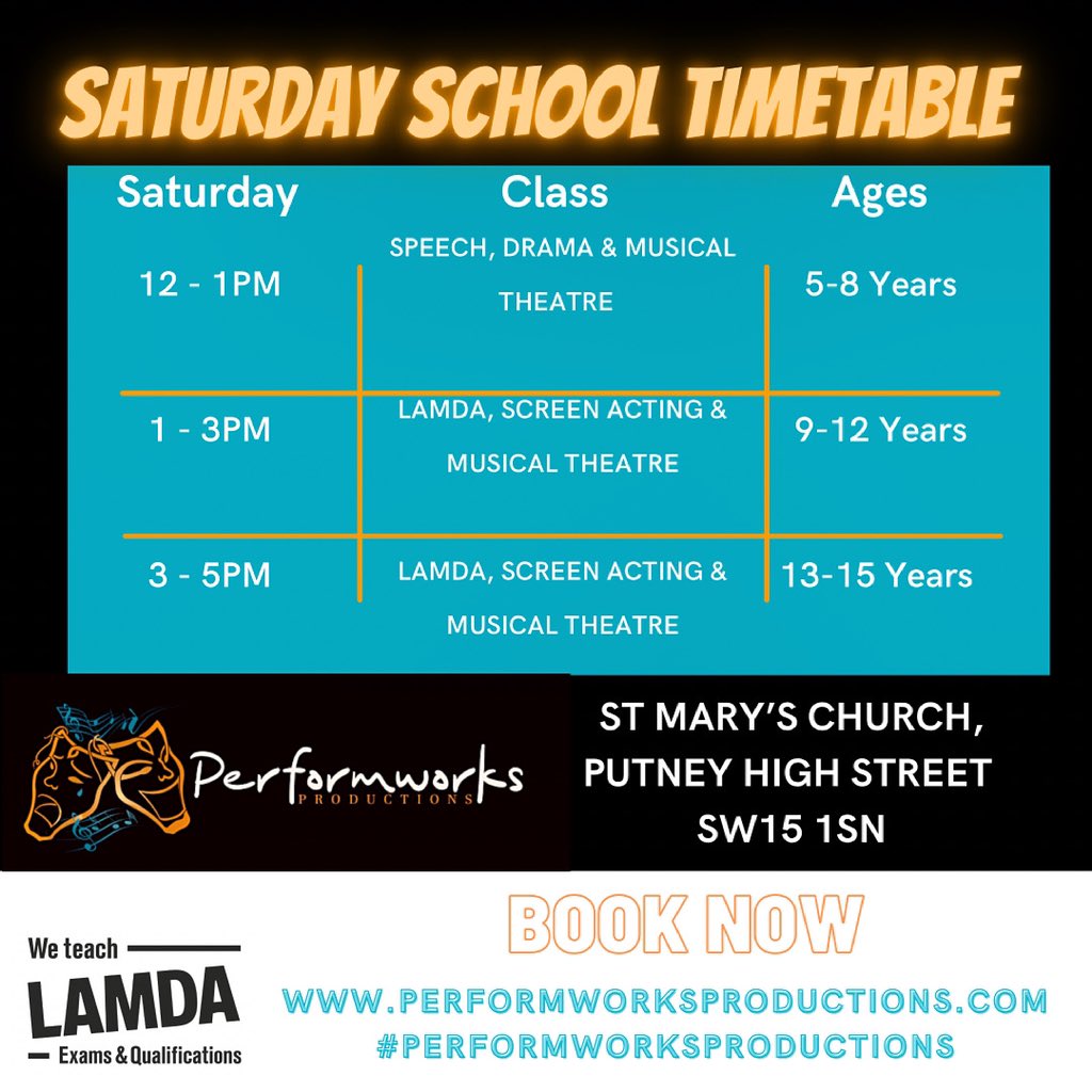 Our Saturday School timetable ✨see our website for more information!
#performworksproductions #lamdaclasses #mumsonline #localmums #lamda 
#putney #putneymums #mumsnet #danceclasses #screenactingclasses #wandsworthmums #wimbledonmums #kidsActivities #clubhubmember