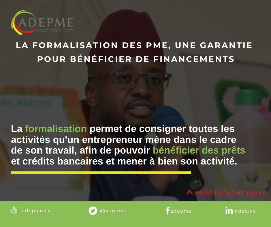Adepme's tweet photo. INTERVIEW-FIPA
@IdrissaDiabira , DG de l’ #adepme a réitéré l’importance pour les entrepreneurs de se #formaliser afin de pouvoir bénéficier des prêts et crédits bancaires et mener à bien leurs activités.
L'artice👉🏾: https://t.co/qn7QlL4p9t
#coachfuturschampions #senegalpme https://t.co/9mBQKf8kzD