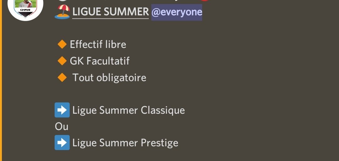 Les inscriptions pour les Ligues Summer commence 

➡️ Ligue Classique

➡️ Ligue Prestige (20e)

🏁 Début le 12 Juillet  

🔸Effectif libre
🔸GK Facultatif 
🔸Tout obligatoire 

✅ REMPLIR LE FORMULAIRE ET REJOINDRE LE DISCORD SUMMER 

forms.gle/ojLZyF3XfhQJQN…
