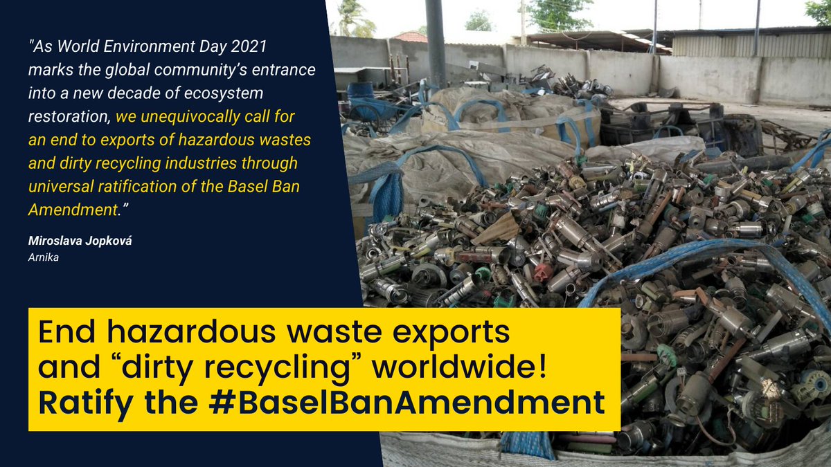 arnikaorg's tweet photo. It's #WorldEnvironmentDay2021. Let's celebrate it with universal ratification of the #BaselBanAmendment to end hazardous #wastetrade and #dirtyrecycling that exploits weaker legislation in target countries 👉 https://t.co/GBlZcvoR5y
@ToxicsFree @bobakarapon @JPetrlik @ismawati64 https://t.co/5w0TNRKJDx