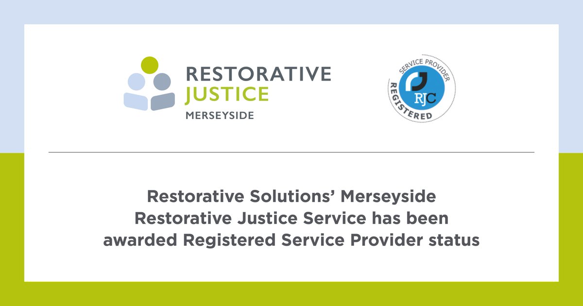 RestorativeSol1's tweet photo. We're pleased to announce @RJMerseyside has achieved Registered Service Provider status!
Achieving this status demonstrates the team's commitment to delivering high-quality #restorativepractice.
Find out more: https://t.co/JRmK6gd5rr
#RestorativeSolutions #restorativejustice https://t.co/Q9ZSCD54Z8