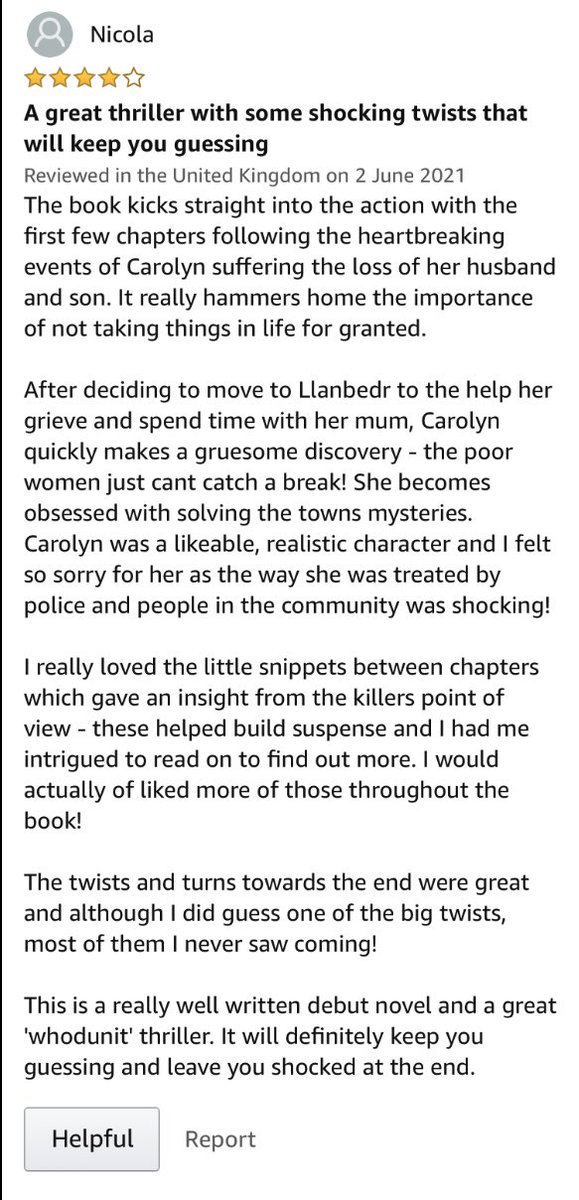 Thanks to Nicola for this lovely review 📚

#Theboyinthewell is available to read for free on #kindleunlimited, or for download here: 
mybook.to/theboyinthewell

If you like thrillers, give it a try 🙂

#bookreviews #readingcommunity