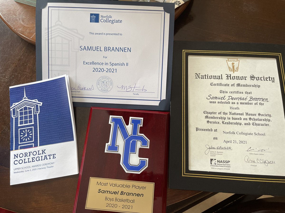 Congratulations to my guy, Samuel Brannen on a success Sophomore year! During a challenging time he still brought it all home! We are happy to add the award of 20-21 Norfolk Collegiate Varsity Boys Basketball Team MVP! #champeffect2023 #levelingup #honorstudent