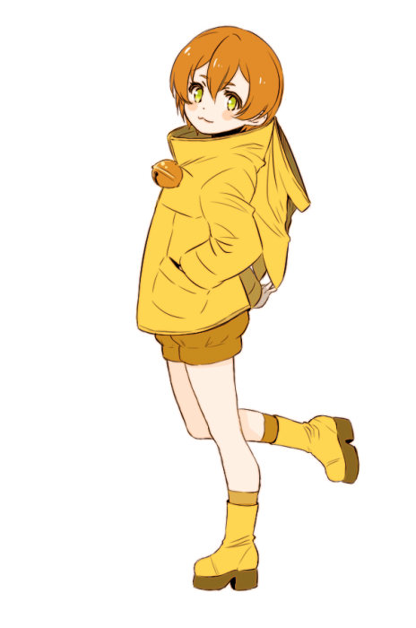 hoshizora rin 1girl solo boots orange hair short hair :3 rubber boots  illustration images