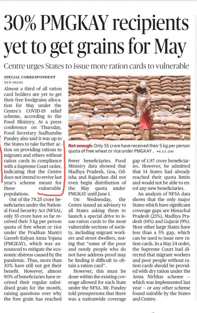 AnjaliB_'s tweet photo. SHOCKING apathy of Central govt- washing its hand of providing rations to migrant workers despite SC order. No intention of restarting Atma Nirbhar Yojana. Only directing states to issue ration cards under NFSA doesn’t help as most hv already exhausted their quotas (table below). https://t.co/psJqAht33m