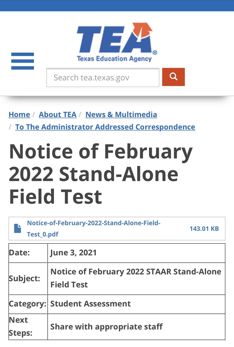 tenilleshade's tweet photo. And so it begins. 

@teainfo wasted no time after this legislative session ended. Texas teachers &amp; students should brace for an ONLINE only STAAR field test in Feb. of 2022. Geez. 

https://t.co/PyU6ZyomQF https://t.co/M0xMpit79F
