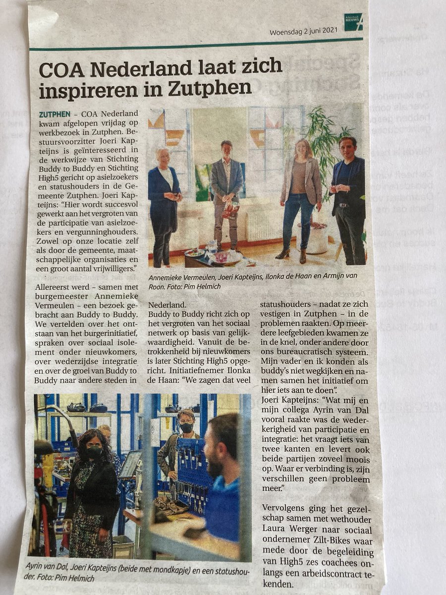 Groot compliment voor <a href="/Buddy_to_Buddy/">Buddy to Buddy</a> , de succesvolle werkwijze raakt meer en meer bekend. Inmiddels laat COA Nederland zich in Zutphen inspireren. Fijn dat ik hier vanuit de <a href="/ZUitdaging/">ZutphenseUitdaging</a> aan mee mag doen. Doe ook mee 🌺