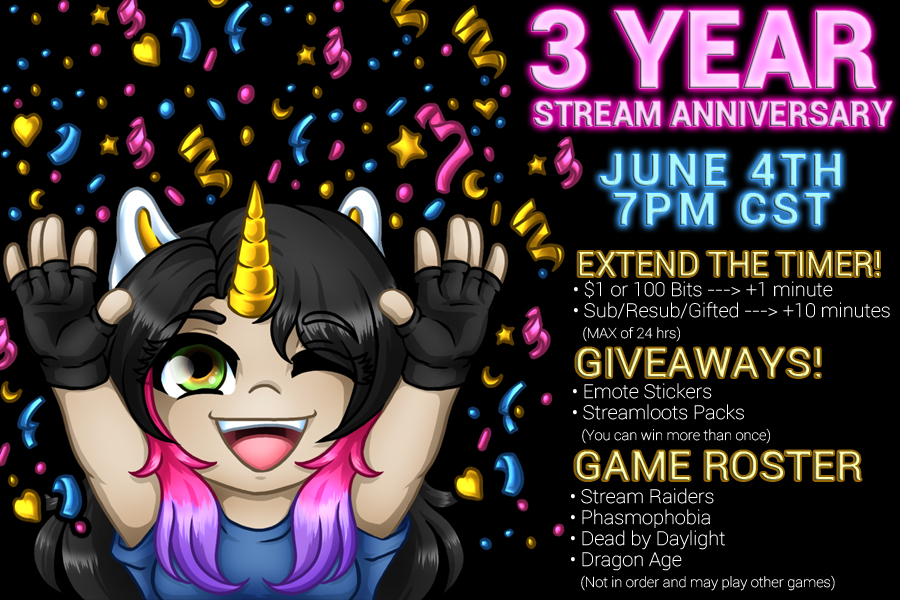 Magick_Dream's tweet photo. Join me in celebrating 3 years of streaming as an affiliate on Twitch at 7pm CST tonight! We've got lots of gaming planned, giveaways, and so much hype! 🎉

https://t.co/v6EhSNt9gB

#AverageArmy @poisonedheart77 @BigBeaz_ @DeadByBHVR #intothefog #intotherainbow 
@StreamRaiders https://t.co/CLAOrlfsif