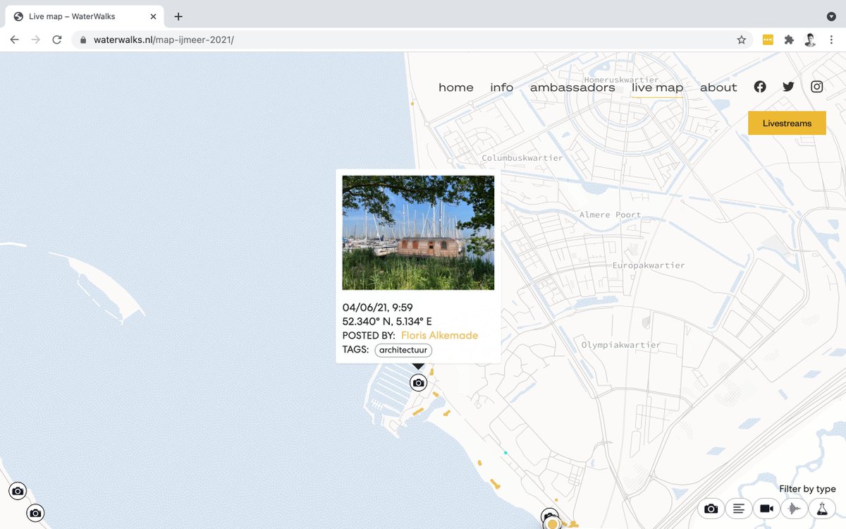 Op waterwalks.nl kun je onze ambassadeurs via de livestream volgen en op de live kaart zien wat zij tot nu toe allemaal zijn tegengekomen.
#Rijksbouwmeester Floris Alkemade <a href="/RijksBM/">Rijksbouwmeester</a> loopt van #IJmeer naar #Amsterdam en vertelt over de overgang van  nieuwe naar oude stad