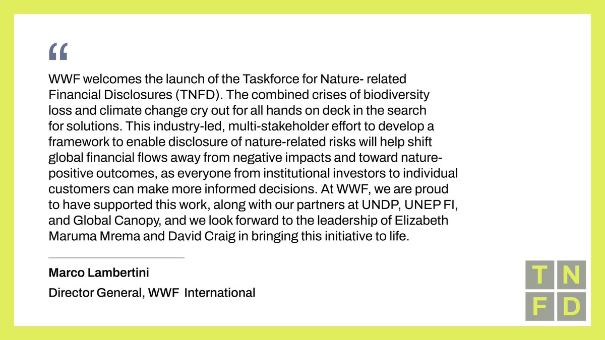 With its launch today, <a href="/WWF/">WWF</a> is proud to support <a href="/TNFD_/">TNFD</a> help business and finance assess, report and act on emerging #nature-related risks and opportunities and shift global financial flows towards #NaturePositive outcomes.

Find out more👉wwf.panda.org/discover/our_f…

@WWF_Media #TNFD
