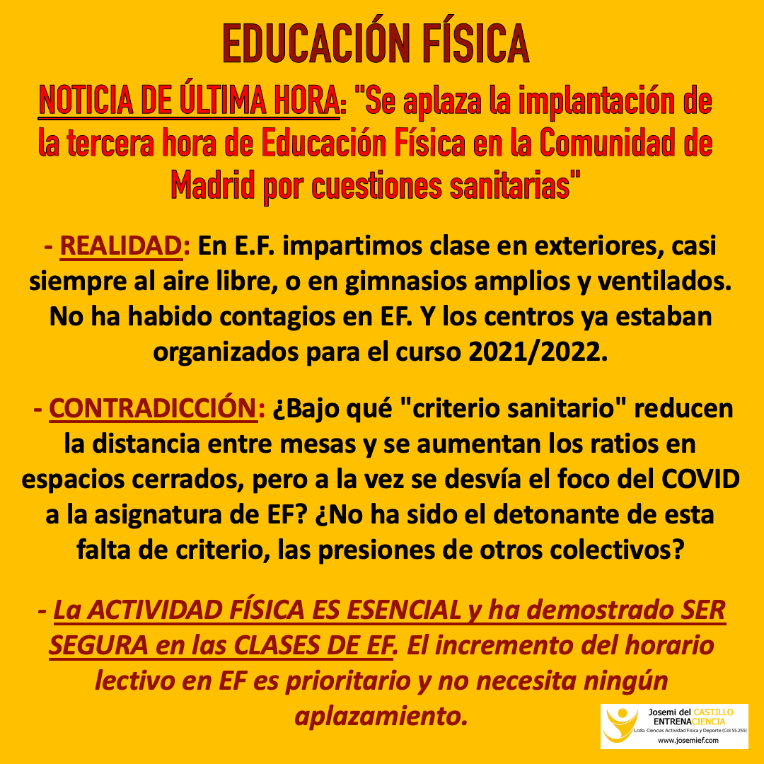 JosemidCastillo's tweet photo. 🚨Última hora: "Se aplaza la implantación de la 3ª h de Educación Física en la CAM por cuestiones sanitarias"
🏃 La AF es esencial y ha demostrado ser segura en las clases de EF. El incremento del horario lectivo en EF es prioritario y no necesita ningún aplazamiento.
#EF1hDiaria https://t.co/uQ4juzr3Ux