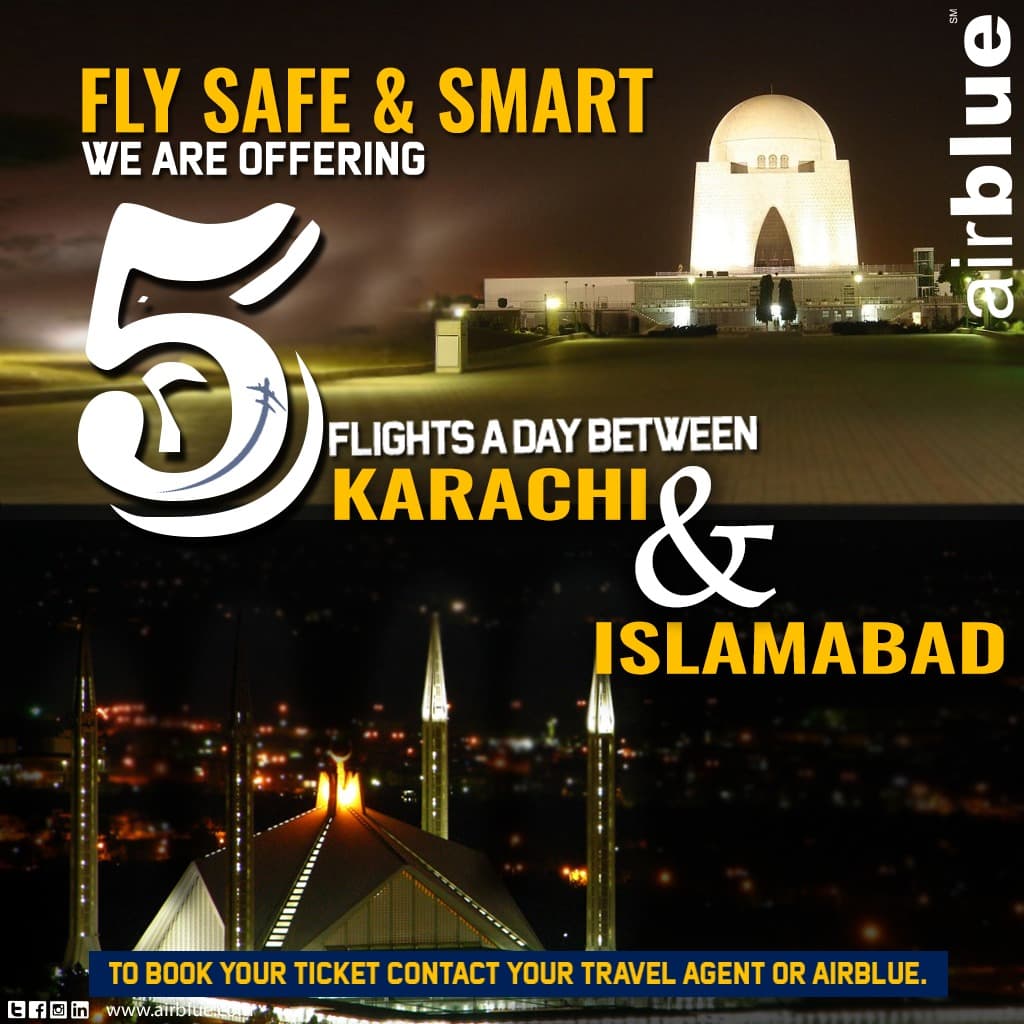airblueairline's tweet photo. Did you hear the #BigNews ?📢
#airblue is now offering you the most flexible timings for #Samedayreturn ✈️✨💙
Now offering 5 FLIGHTS A DAY between #Islamabad & #Karachi ✈️ https://t.co/Y2dilJA3TY