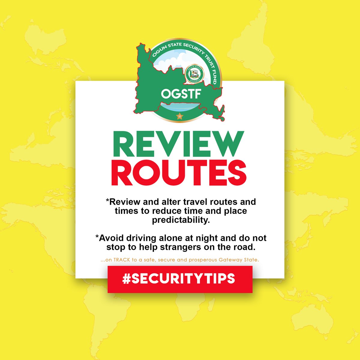 OGSTFofficial's tweet photo. Reminding you of some of the #SecurityTips we have shared with you 

STAY ALERT | REVIEW ROUTES

#Thread @OGSTFofficial https://t.co/Rg3B4nrqrS