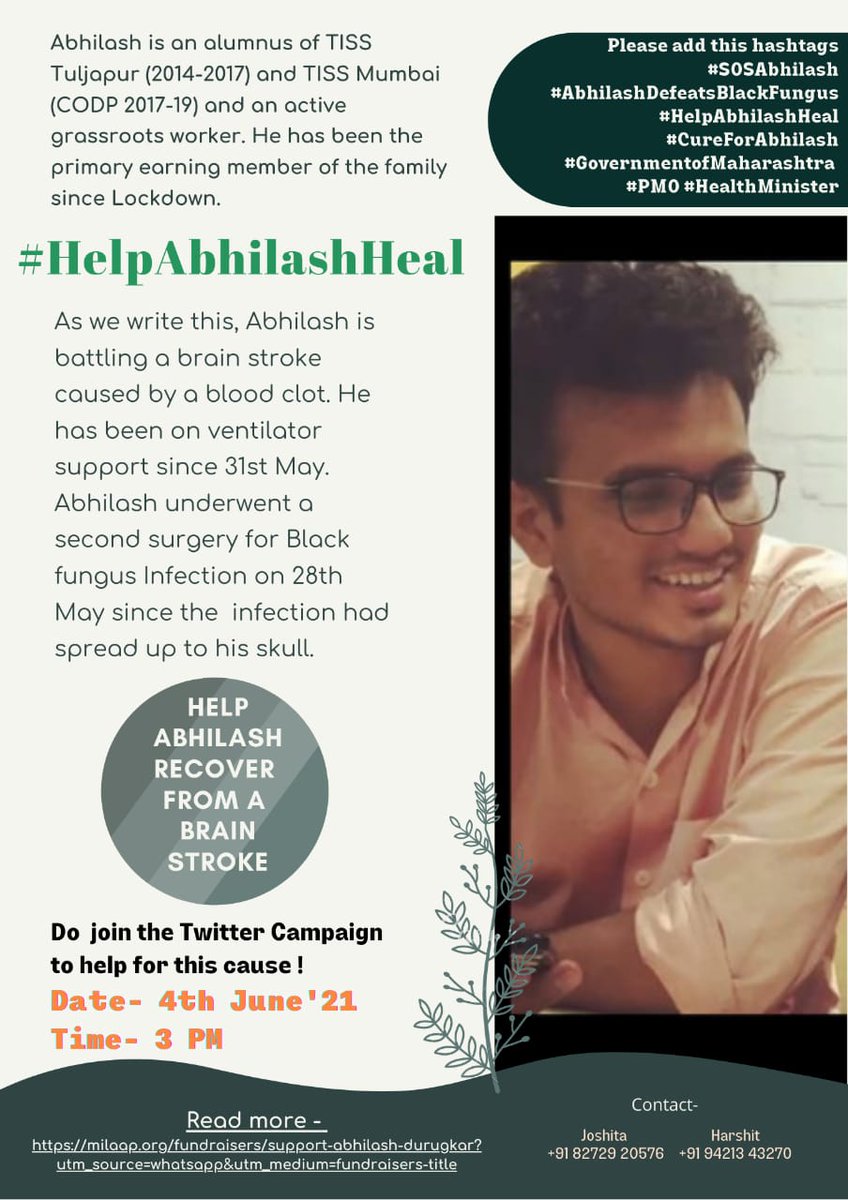 shubhangi sharma (@shubhangi_0312) on Twitter photo Abhilash, a dear friend is fighting!
Please donate, share and amplify.
#SOSAbhilash
#AbhilashDefeatsBlackFungus
#HelpAbhilashHeal
<a href="/kunalkamra88/">Kunal Kamra</a> <a href="/ShashankSArora/">Shashank Arora</a> <a href="/ShashiTharoor/">Shashi Tharoor</a> <a href="/CMOMaharashtra/">CMO Maharashtra</a> <a href="/thewire_in/">The Wire</a> <a href="/DalitCamera/">Dalit Camera</a> Abhilash, a dear friend is fighting!
Please donate, share and amplify.
#SOSAbhilash
#AbhilashDefeatsBlackFungus
#HelpAbhilashHeal
<a href="/kunalkamra88/">Kunal Kamra</a> <a href="/ShashankSArora/">Shashank Arora</a> <a href="/ShashiTharoor/">Shashi Tharoor</a> <a href="/CMOMaharashtra/">CMO Maharashtra</a> <a href="/thewire_in/">The Wire</a> <a href="/DalitCamera/">Dalit Camera</a>
