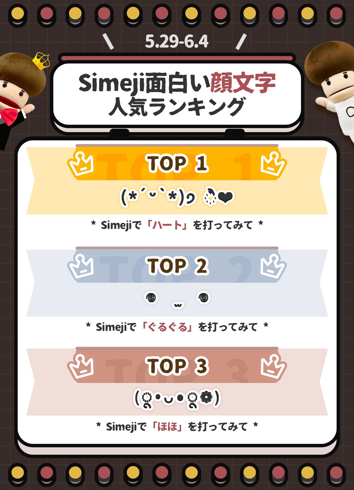 Simeji 日本語入力キーボード 顔文字 ニュース ˊᵕˋ ੭ 人気 顔文字 を紹介するコーナーです これでかわいい文章作れるぞ ぜひチェックしてみてね ᴗ Simeji で はーと ぐるぐる ほほ って打ってみ𖦹 𖦹 Simejiで