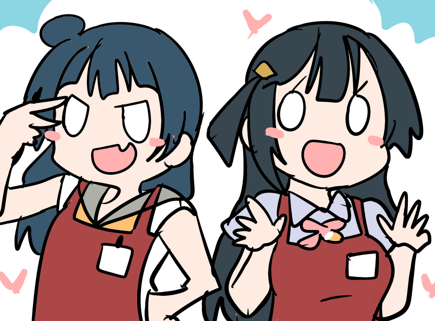 tsushima yoshiko ,yuuki setsuna (love live!) single side bun multiple girls 2girls long hair black hair bangs apron  illustration images