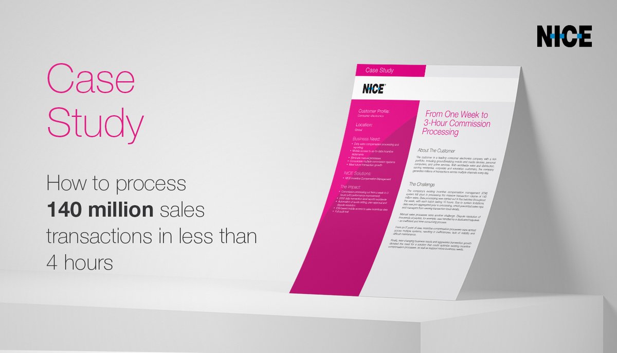 nice_spm's tweet photo. Is it possible to process 140 million sales transactions in less than 4 hours? 

In this case study, we prove it is. See it here >>
https://t.co/1Ac5AuWpo1

#SPM #ICM #salesincentive #salesperformance #dataprocessing #IT #automation #compensation #compensationmanagement https://t.co/PP2RJqg2vF
