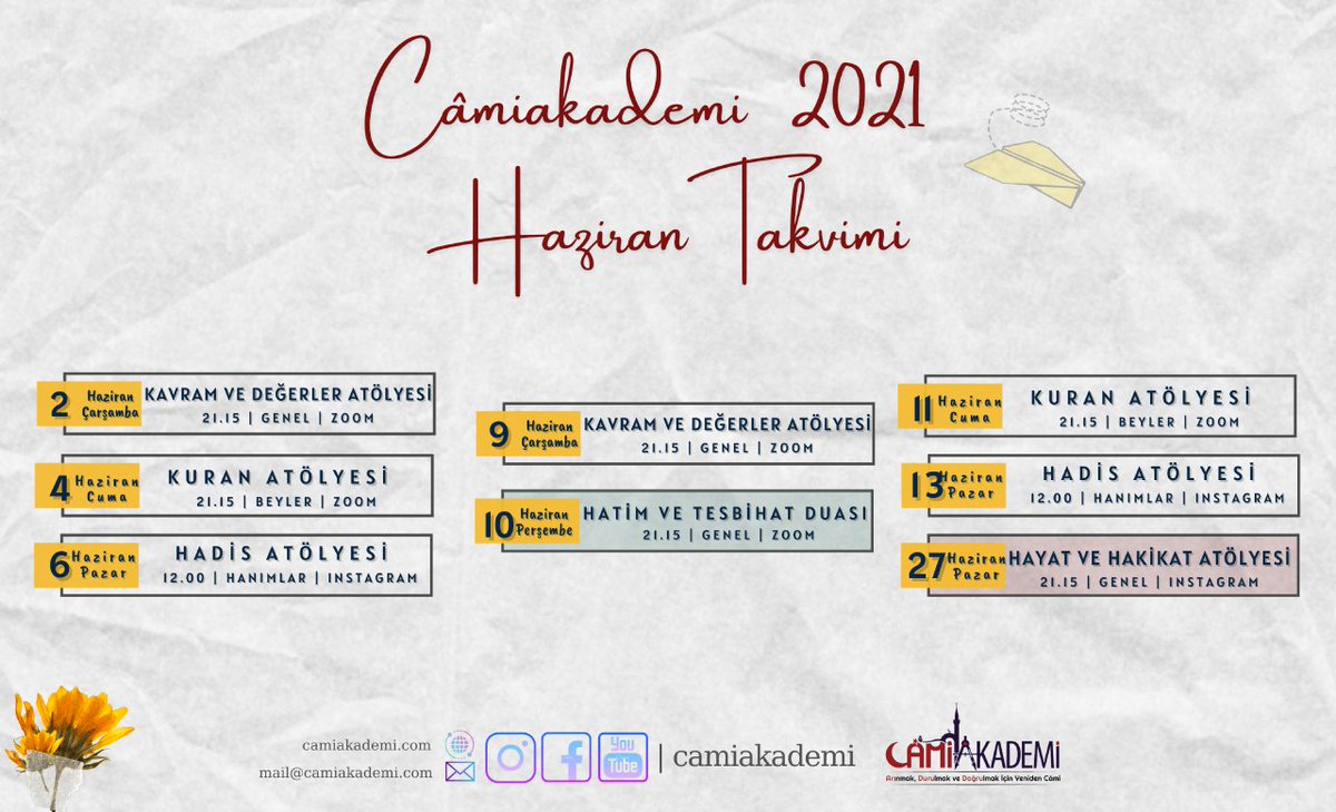 Câmiakademi Haziran Takvimi 📅
.
Takvim ile ilgili merak ettiklerinizi sayfamıza sorabilirsiniz 🌿
.
#camiakademi 
#itücamii
#öncecami
#yenidencami