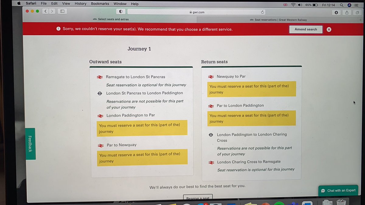 HedaEm's tweet photo. @GWRHelp Hi, I’m booking tickets to Newquay for a festival in August and it’s saying I need to reserve seats for certain trains but when I click to find seats to reserve it says there are none. What should I do? https://t.co/Il9eFaJir5